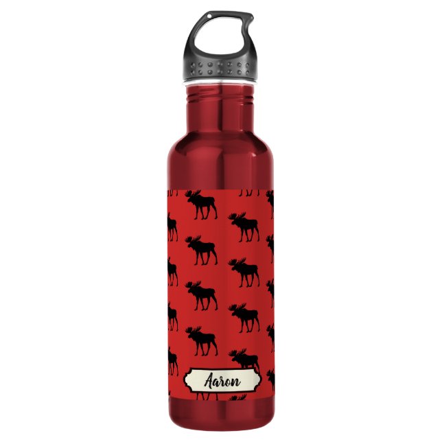 Moose Pattern Plaid Red and Black 710 Ml Water Bottle (Front)