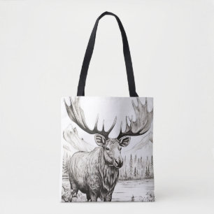 Moose Peaceful Nature Prairie Sketch Drawing Style Tote Bag