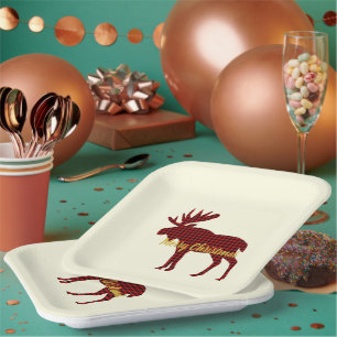 Moose Plaid Ski Lodge Holiday Party Plates
