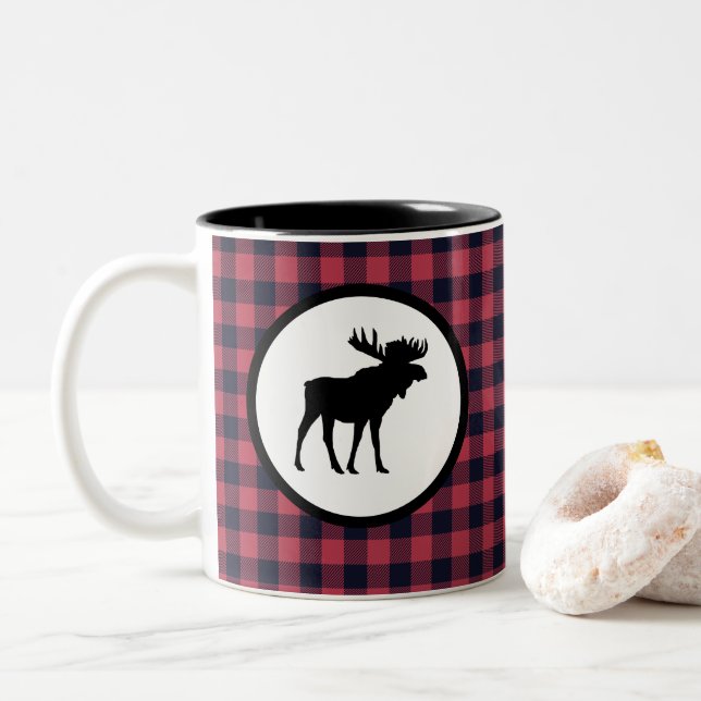 Moose Plaid Wilderness Mountain Two-Tone Coffee Mug (With Donut)