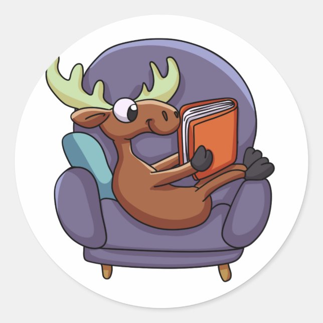 Moose reading a book on a sofa | choose back colou classic round sticker (Front)