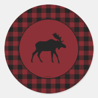 Moose Red Black Check Border Classic Round Sticker