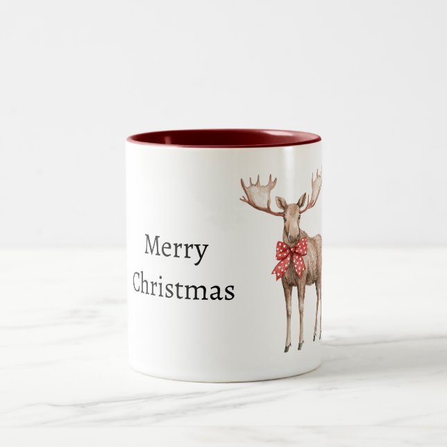 Moose Red Hearts Christmas Two-Tone Coffee Mug (Center)
