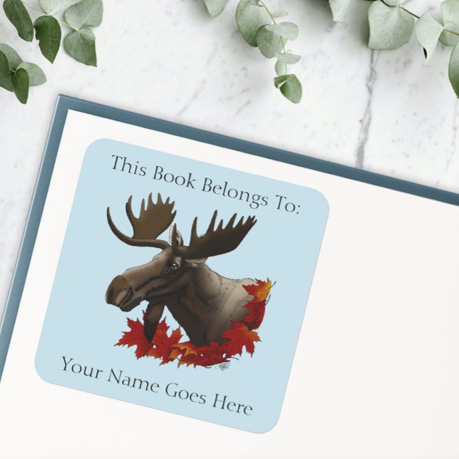 Moose Red Maple Leaves Bookplate Square Sticker (Creator Uploaded)