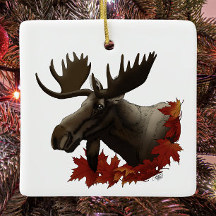 Moose Red Maple Leaves Ceramic Ornament