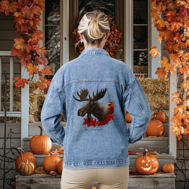 Moose Red Maple Leaves Denim Jacket (Creator Uploaded)