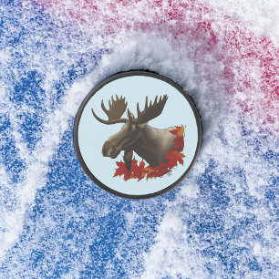 Moose Red Maple Leaves  Hockey Puck