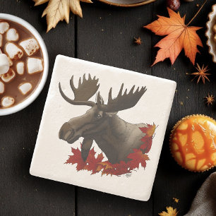 Moose Red Maple Leaves  Stone Coaster