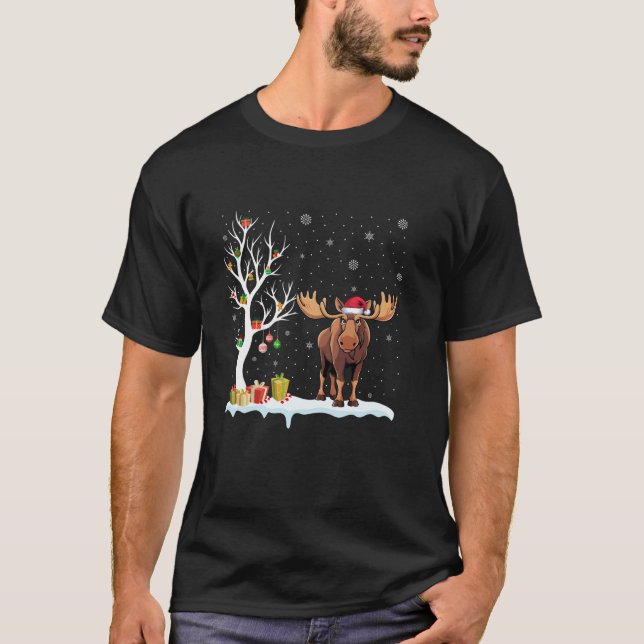 Moose Santa Hat Festive Tree Light Christmas Pajam T-Shirt (Front)