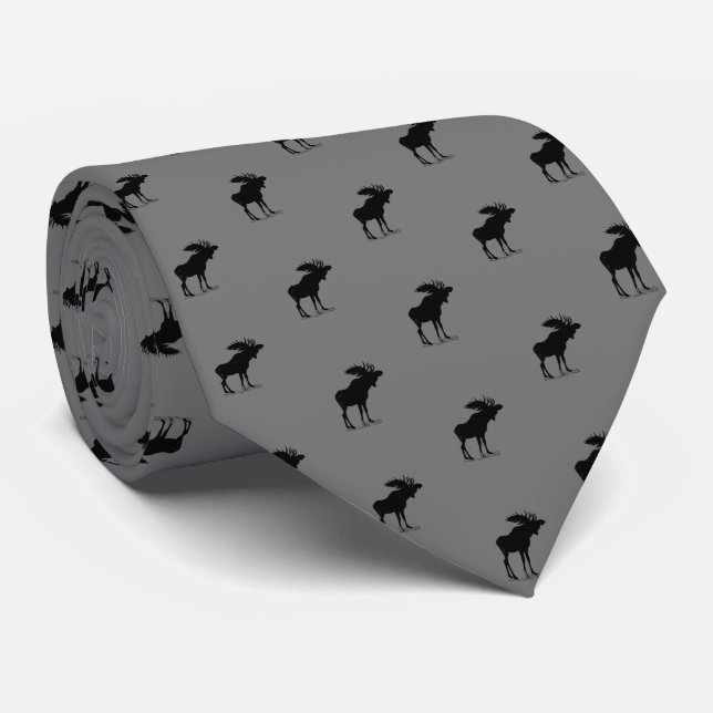 Moose Silhouette Grey and Black Neutral Colours Tie (Rolled)