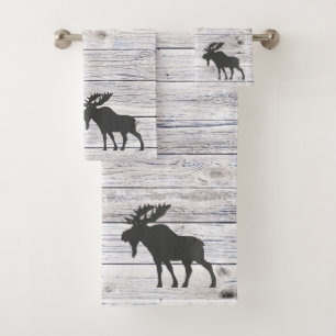 Moose Silhouette Grey Wood Pattern Bath  Bath Towel Set