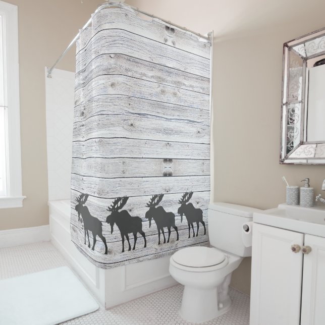 Moose Silhouette Grey Wood Pattern Bath  Shower Curtain (In Situ)