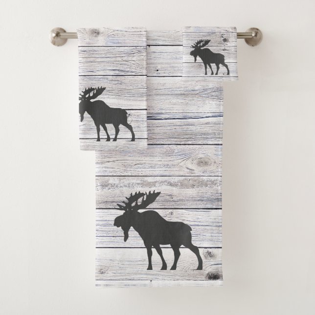 Moose Silhouette Grey Wood Pattern Bath  Towel Set (Insitu)