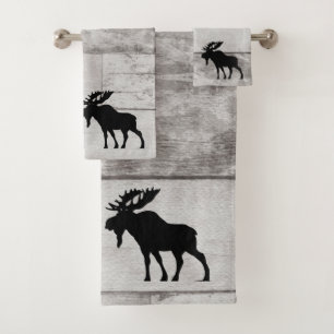 Moose Silhouette Grey Wood Pattern Bath Towel Set