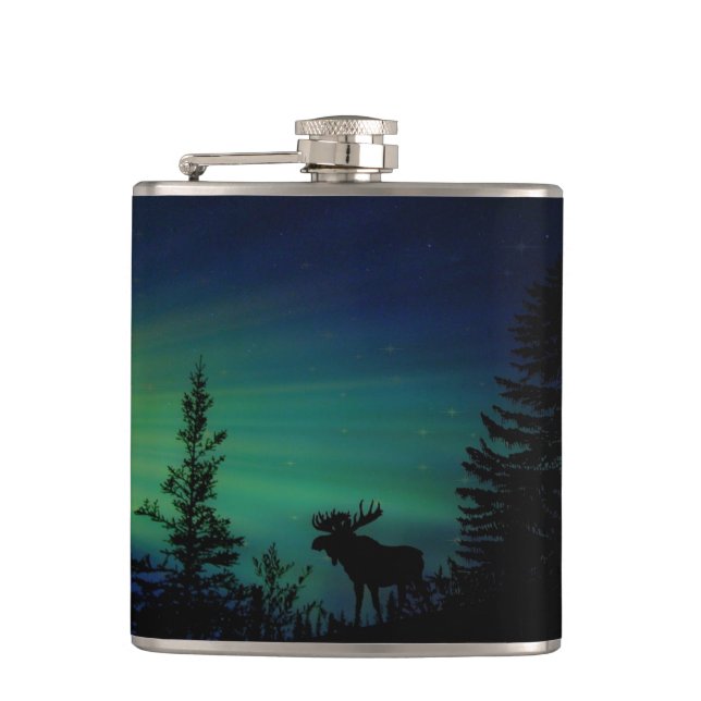 Moose silhouette in Forest Northern Lights Hip Flask (Front)