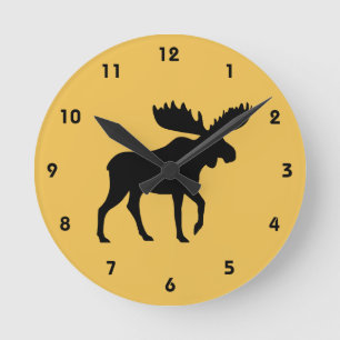 Moose Silhouette on Yellow Round Clock
