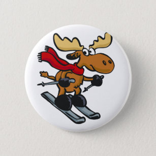 Moose skier cartoon   choose background colour 6 cm round badge
