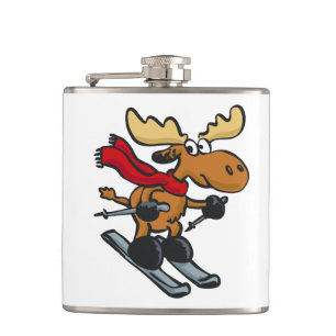 Moose skier cartoon   choose background colour hip flask