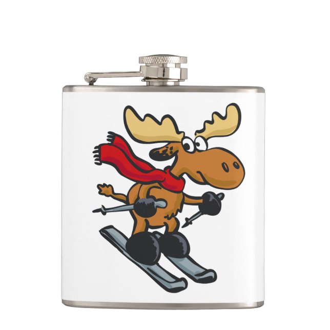 Moose skier cartoon | choose background colour hip flask (Front)