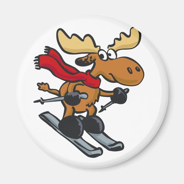 Moose skier cartoon | choose background colour magnet (Front)