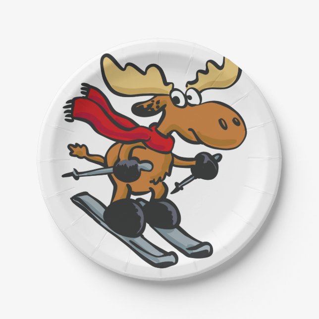 Moose skier cartoon | choose background colour paper plate (Front)