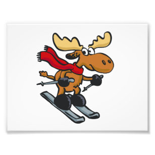 Moose skier cartoon   choose background colour photo print