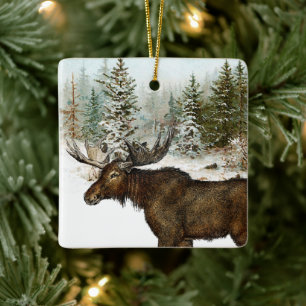 Moose Snowy Forest Nature Winter Holiday Vintage  Ceramic Ornament