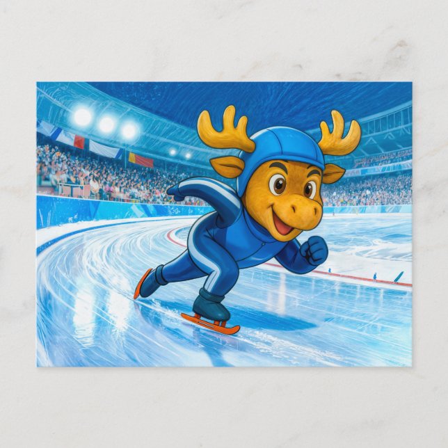 Moose Speed Skating on a Frozen Ice Track Postcard (Front)