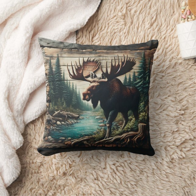Moose Standing by a Stream in a Forest Setting Cushion (Blanket)