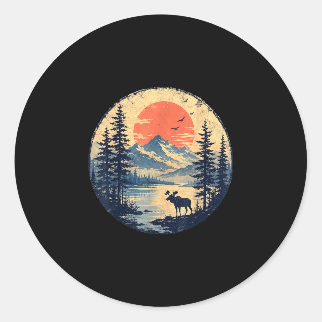 Moose sunset mountain forest lake wilderness classic round sticker (Front)