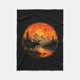 Moose sunset mountain forest lake wilderness fleece blanket