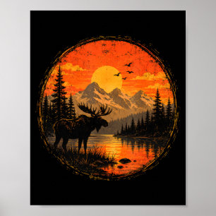 Moose sunset mountain forest lake wilderness poster