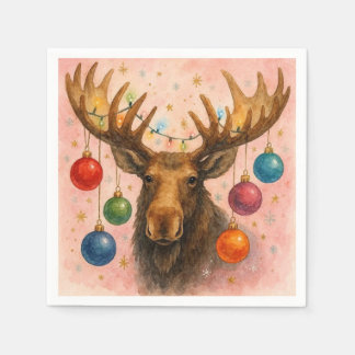 Moose Watercolor Christmas Card. Napkin