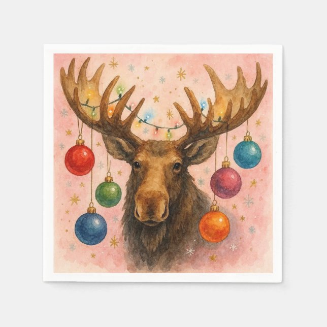 Moose Watercolor Christmas Card. Napkin (Front)