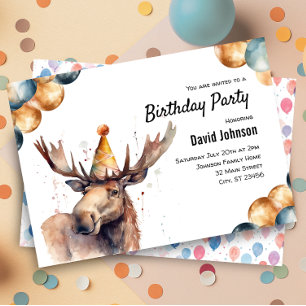 Moose Watercolor Woodland Animal Birthday Party Invitation