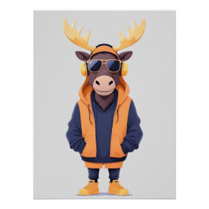 Moose Wearing Hoodie Funny Cool Animal Character Poster