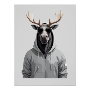 Moose Wearing Hoodie Funny Cool Animal Character  Poster