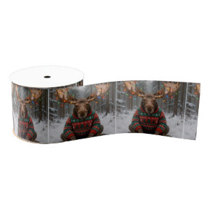 Moose Wearing Ugly Christmas Sweater Grosgrain Ribbon