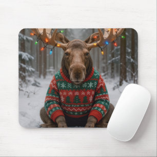 Moose Wearing Ugly Christmas Sweater Mouse Mat