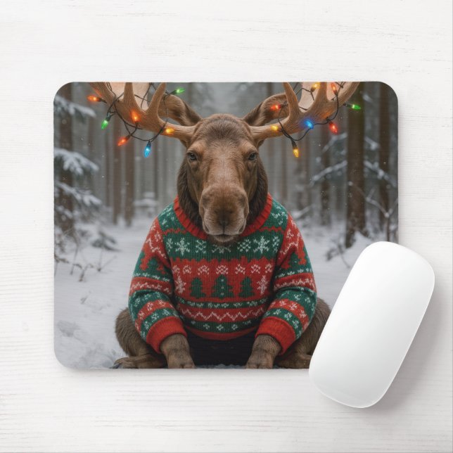Moose Wearing Ugly Christmas Sweater Mouse Mat (With Mouse)
