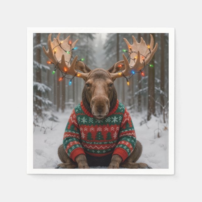 Moose Wearing Ugly Christmas Sweater Napkin (Front)