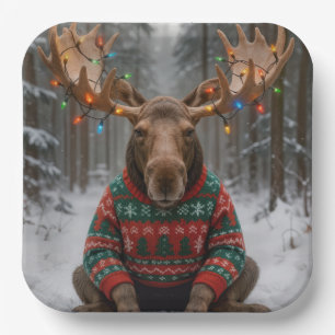 Moose Wearing Ugly Christmas Sweater Paper Plate