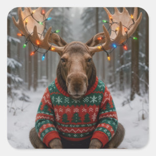 Moose Wearing Ugly Christmas Sweater Square Sticker