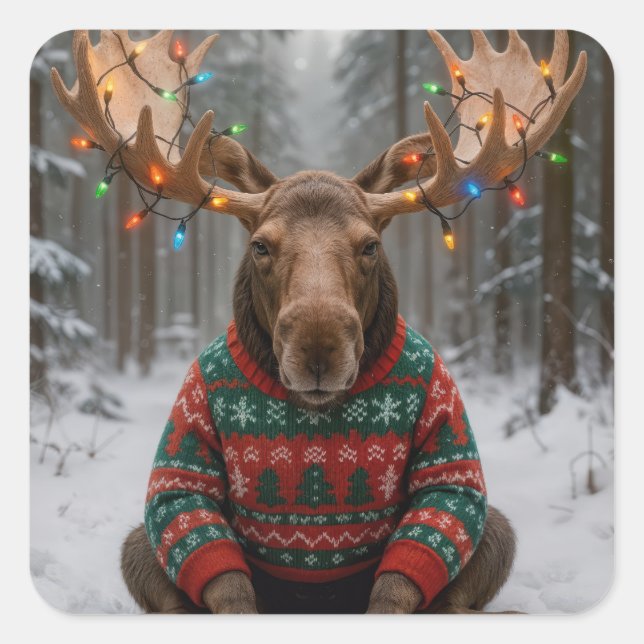 Moose Wearing Ugly Christmas Sweater Square Sticker (Front)