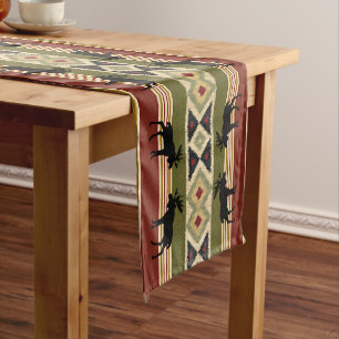 Moose Wildlife Animal Red Green Ochre Ikat Stripes Short Table Runner