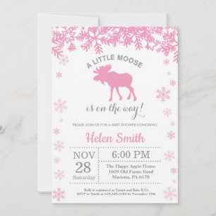 Moose Winter Girl Baby Shower Snowflake Invitation