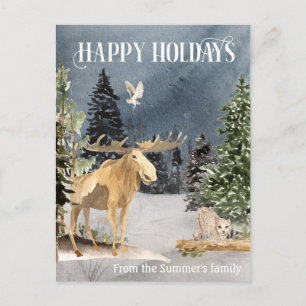 Moose Winter landscape Watercolor Holiday Postcard