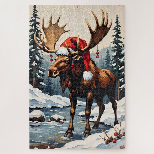 Moose with Antler Christmas Decorations Hat Jigsaw Puzzle (Vertical)