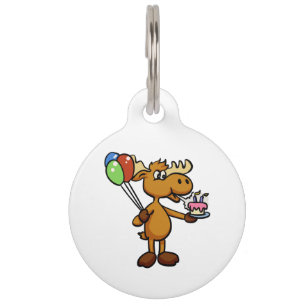 Moose with balloon and cake   choose back color pet tag