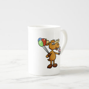 Moose with balloon and cake   choose back colour bone china mug